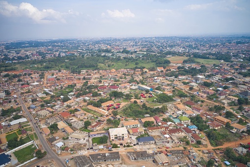 An aerial view of the skyline of the town of Kumasi, Ghana