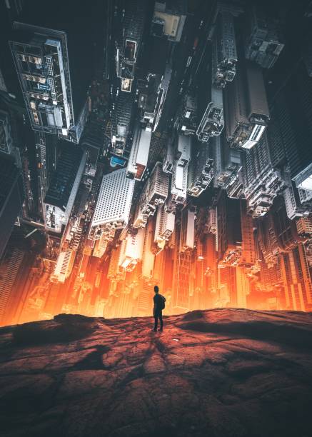 Abstract digital art of man standing in front of inverted falling cityscapo An abstract digital art of a man standing in front of an inverted falling cityscape photoshop texture stock pictures, royalty-free photos & images