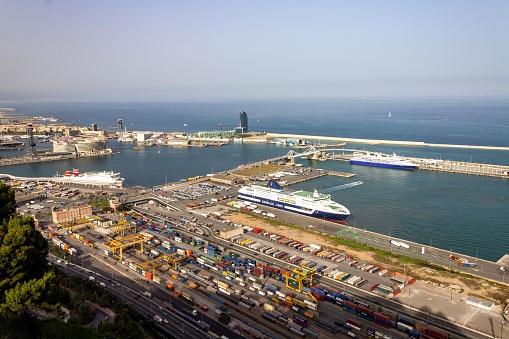 – June 29, 2012: An aerial view of ships at the harbor of Barcelona, Spain, in sunlight