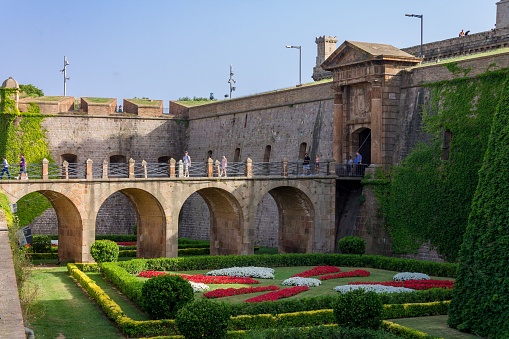 – June 29, 2012: A beautiful shot of the entrance bridge of Montjuic castle in Barcelona, Spain