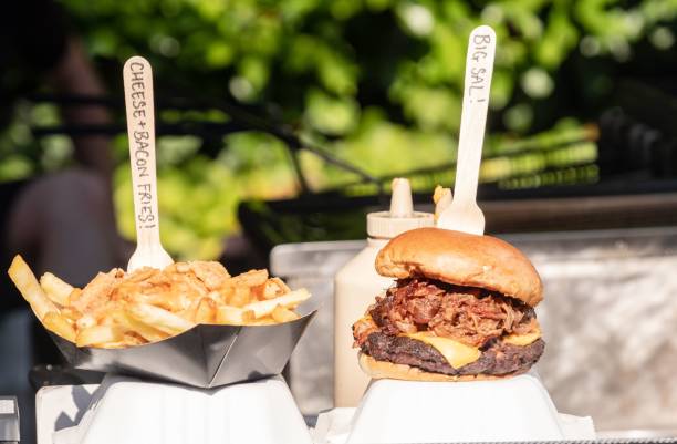 istock Beef burger with pulled pork and fries with cheese and bacon outdoors on a sunny day 1446175984