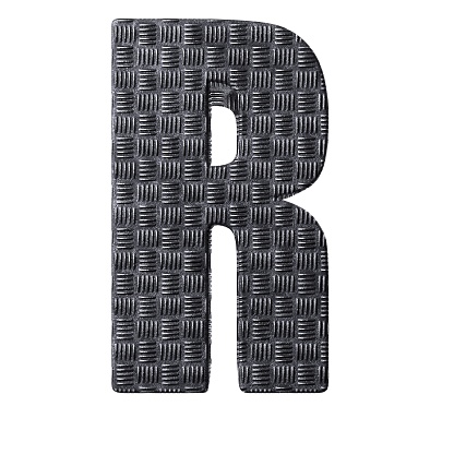 A 3d illustration of the letter 'R' with a metal texture