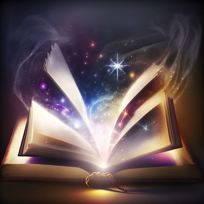 An open magic book with sparkles coming out