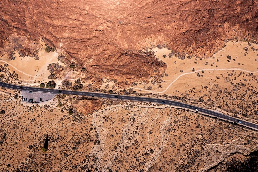 A aerial view of a highway in Tenerife Desert