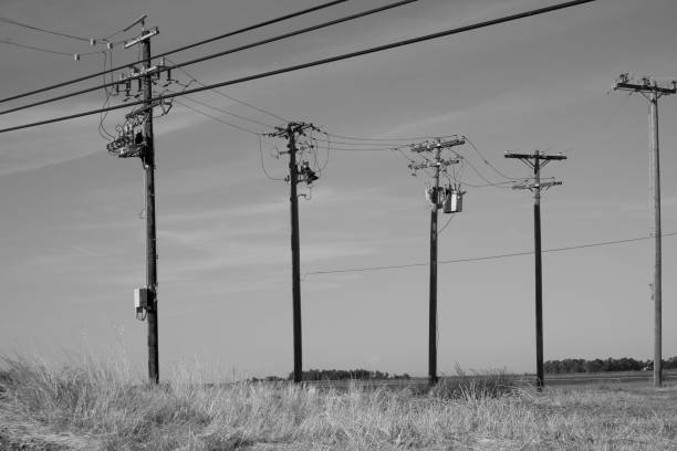 Electricity pylon, sky background,copy space on the left. Galicia, Spain.
