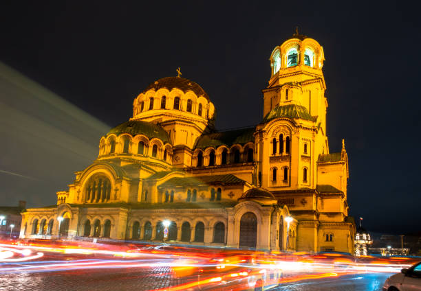 Saint Alexander Nevsky Cathedral at dusk with car lights, Sofia