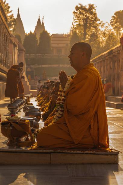 plan vertical des vieux moines bouddhistes priant au temple mahabodhi à bodh gaya au lever du soleil - bodhgaya architecture image human age photos et images de collection