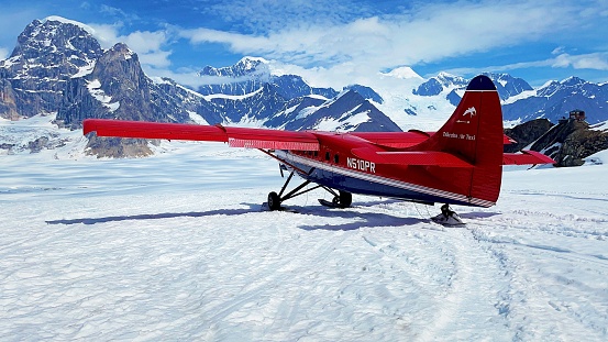 Alaska, United States – June 18, 2022: A closeup shot of an air taxi landed on the Denali mountain