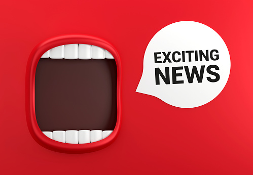 Red Mouth And Speech Bubble With Exciting News Message On The Red Background. Communication Concept.