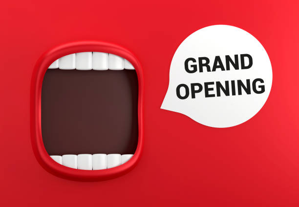 istock Red Mouth And Speech Bubble With Grand Opening Message 1446180807