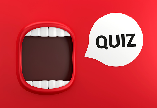 Red Mouth And Speech Bubble With Quiz Message On The Red Background. Communication Concept.