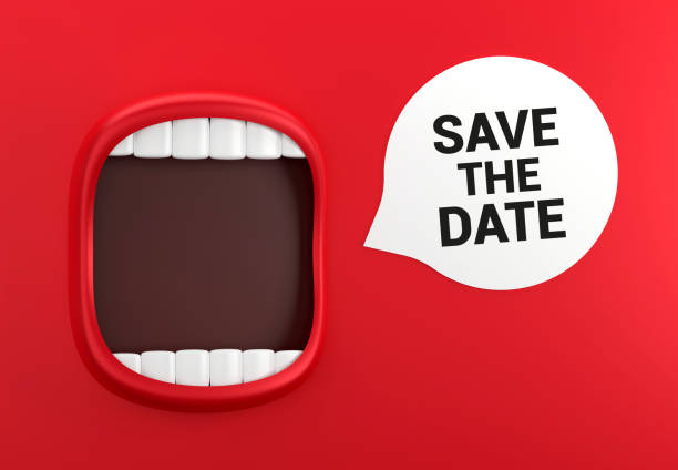 istock Red Mouth And Speech Bubble With Save The Date Message 1446181816