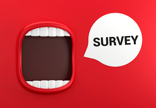 Red Mouth And Speech Bubble With Survey Message On The Red Background. Communication Concept.