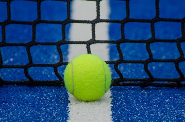 istock blue paddle tennis court and net with a ball 1446183149