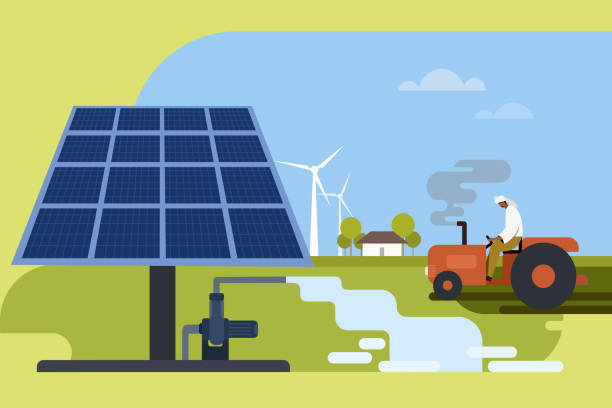 태양열 워터 펌프를 사용하여 농업 분야를 관개하는 농부들의 그림. 지속 가능한 농업을위한 개념 - water pumping windmill stock illustrations