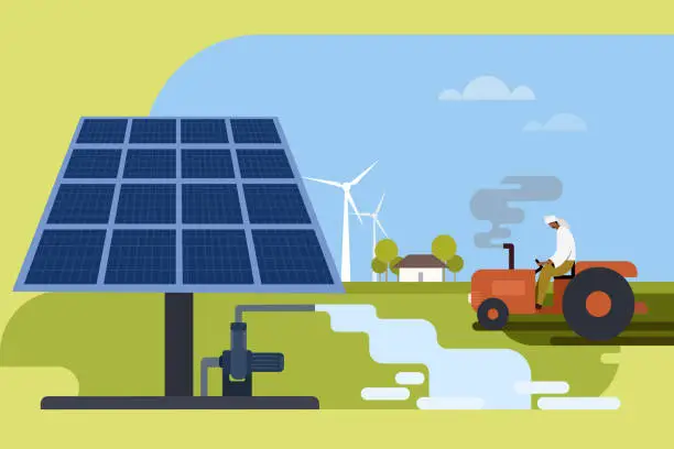 Vector illustration of Illustration of farmers using Solar water pump to irrigate the agricultural field. Concept for sustainable farming