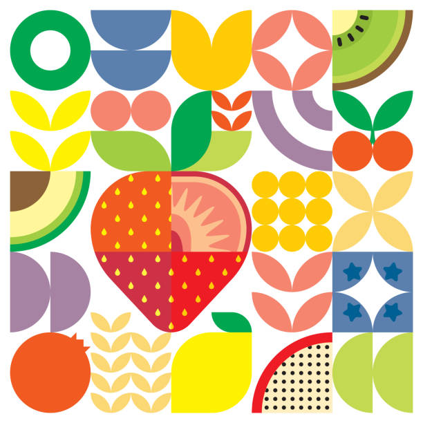 geometryczny letni plakat ze świeżymi owocami o kolorowych prostych kształtach. skandynawski styl płaski abstrakcyjny wzór wektorowy. minimalistyczna ilustracja czerwonej truskawki na białym tle. - berry fruit blueberry floral pattern strawberry stock illustrations