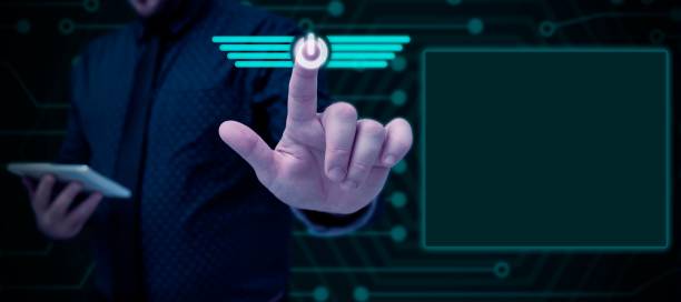 istock Man Standing Holding Tablet And Pressing On Virtual Button. Business Man Carrying Pad Tapping Switch 1446184277