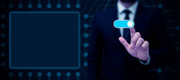 istock Man Standing Holding Tablet And Pressing On Virtual Button. Business Man Carrying Pad Tapping Switch 1446184596
