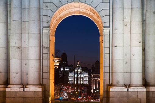 The famous Puerta de Alcala at night in the city of Madrid capital of Spain