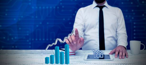 istock Man Standing Holding Tablet And Pressing On Virtual Graph. Business Man Carrying Pad Tapping Switch 1446184739