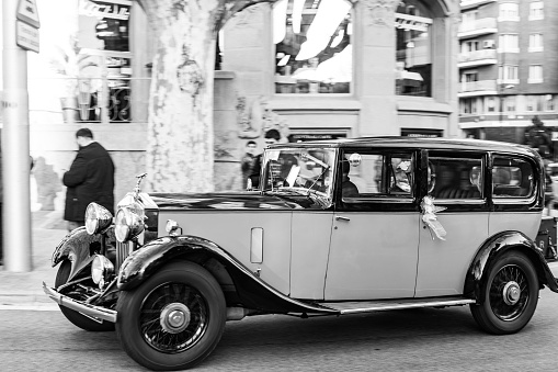 Barcelona, Spain – December 02, 2021: historic car in the city. Rolls Royce Wraith