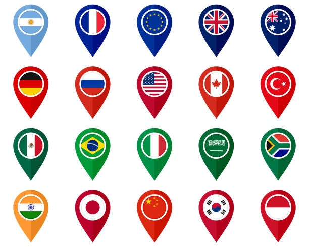 set of map pointer icons isolated on white background. g20 countries flags. vector illustration set of map pointer icons isolated on white background. g20 countries flags. vector illustration australian flag flag australia british flag stock illustrations