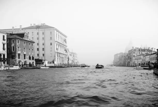 Black and white photograph of Venice during a boattrip