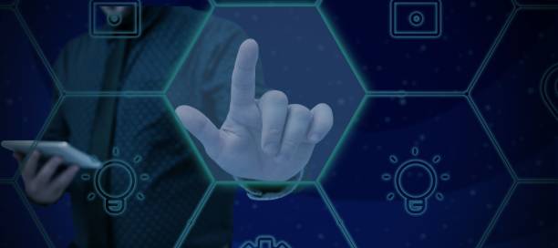 istock Man Standing Holding Tablet And Pressing On Virtual Button. Business Man Carrying Pad Tapping Switch 1446193682