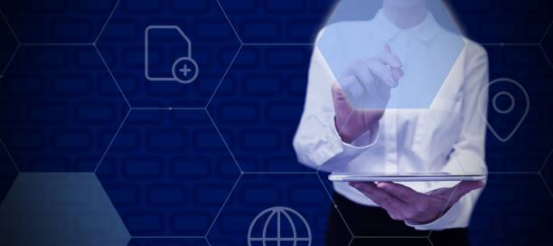 istock Man Standing Holding Tablet And Pressing On Virtual Button. Business Man Carrying Pad Tapping Switch 1446193710