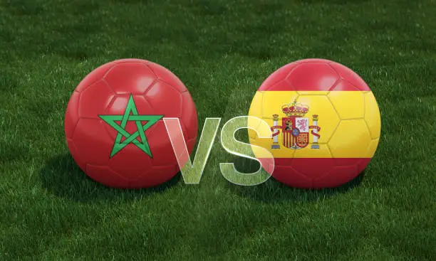 Football with Morocco vs. Spain 3D ball soccer flags on green football field. 3D illustration.