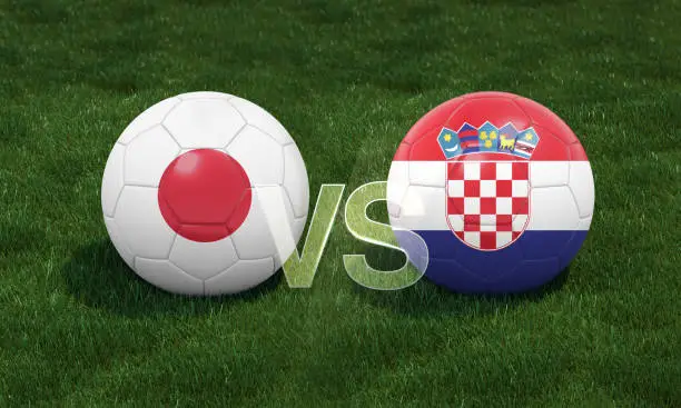 Football with Japan vs. Croatia 3D ball soccer flags on green football field. 3D illustration.