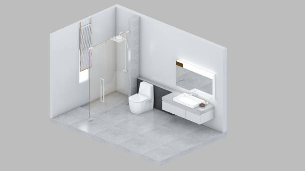 tampilan isometrik kamar mandi, area perumahan, rendering 3d. - bathroom design in digital potret stok, foto, & gambar bebas royalti