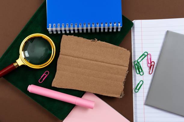 istock Office Stationery Notepads Ruler Stapler Scissors Paper Clips Holders Clipboard Placed Over Table 1446195467