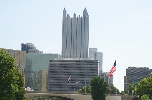 Pittsburgh, United States – June 22, 2022: A beautiful view of the Pittsburgh skyline with the green park and a bridge in Pennsylvania