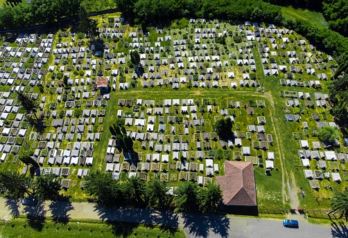 aerial view of a cemetery, burial, tombstone