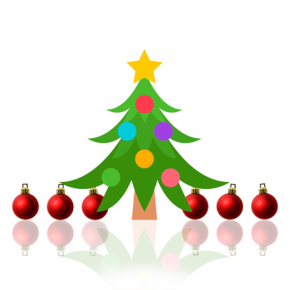 Close-up of Christmas tree with Christmas ornament on white background.