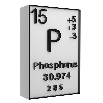 Phosphorus,Phosphorus on the periodic table of the elements on white blackground,history of chemical elements, represents the atomic number and symbol.,3d rendering