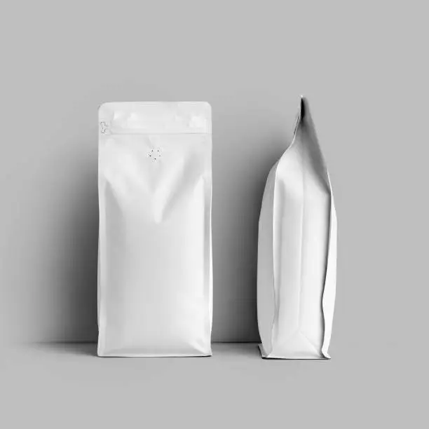 Mockup of a white bag for coffee beans, packaging with a degassing valve, front, side space for design, branding. Set. Template of stable pack with tea, for advertising, isolated on background