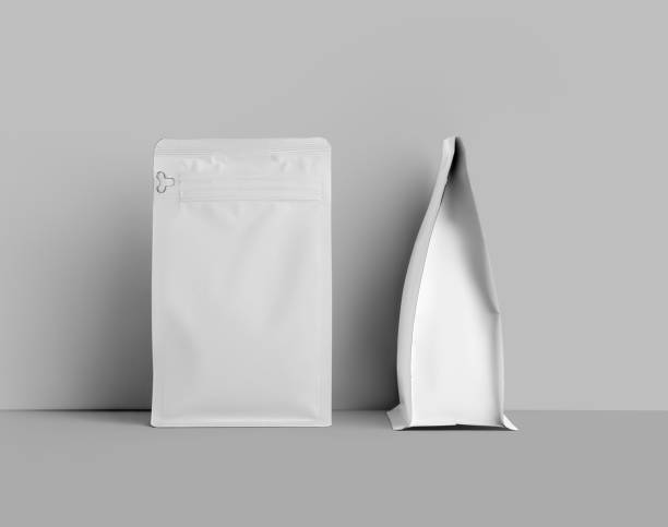 istock Mockup of white doy pack for coffee beans, set near wall, front, side view, zip pack, isolated on background. 1446198479