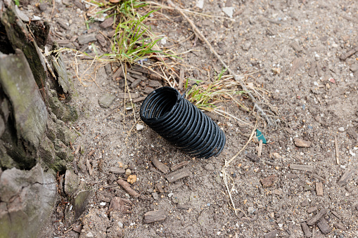 Black plastic tube to allow water to reach the roots of nearby trees.