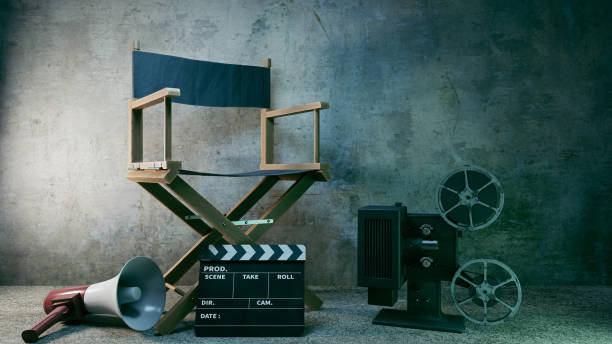 istock Film director's chair in dark place, 3d rendering 1446200635