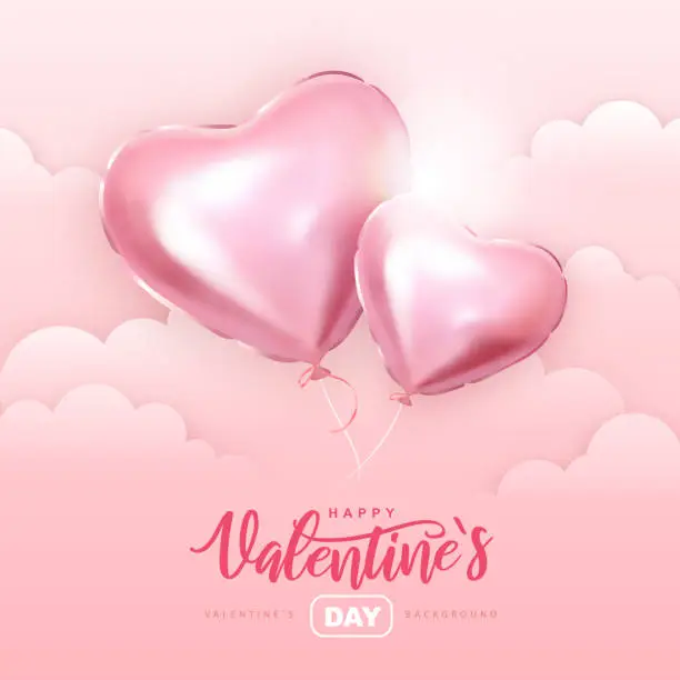 Vector illustration of Happy Valentines Day  typography poster with pink heart shaped balloons in the romantic sky. Vector illustration