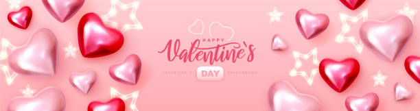 ilustraciones, imágenes clip art, dibujos animados e iconos de stock de feliz póster tipográfico del día de san valentín con corazones de amor rosa y rojo en 3d. ilustración vectorial - valentines day heart shape backgrounds star shape