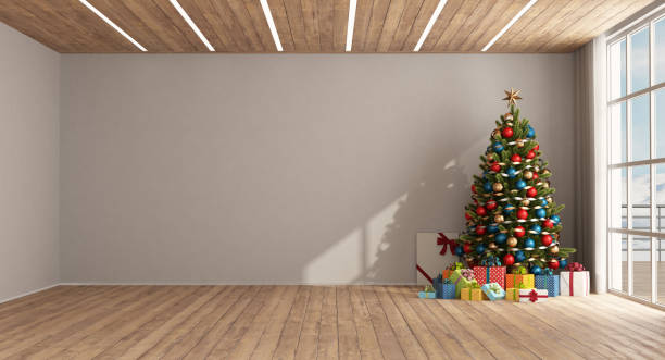 istock Empty room with Christmas tree and wooden ceiling with led light 1446202880