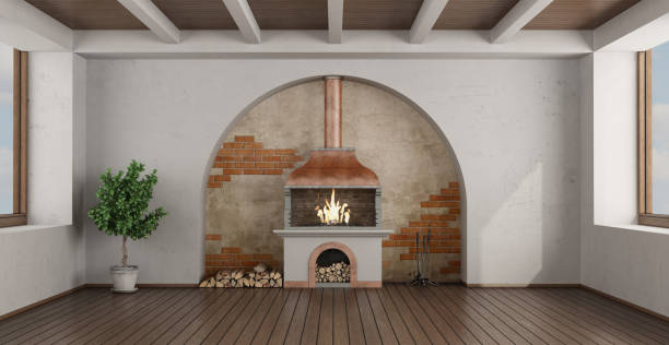 istock Empty classic style room with fireplace in a arch wall 1446202881