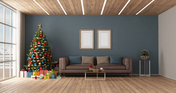 istock Modern living room with Christmas tree and leather sofa 1446202886