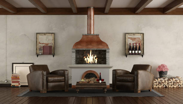 istock Classic style living room with fireplace and armchairs 1446202924