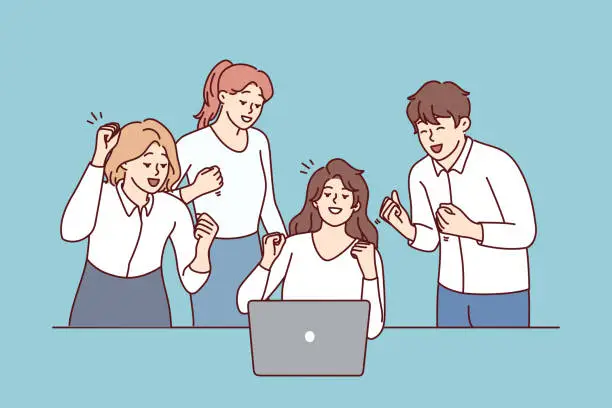 Vector illustration of Successful women and man employees of modern startup rejoice and look at laptop screen. Vector image