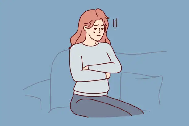 Vector illustration of Upset woman crying sitting on couch with arms crossed because breakup with boyfriend. Vector image
